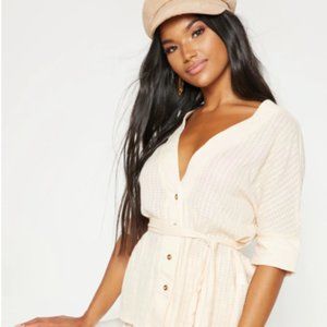 Stone Short Sleeve Contrast Button Tie Waist Shirt